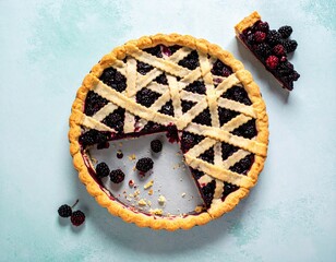 Blackberry pie with lattice crust, slice beside, atop teal