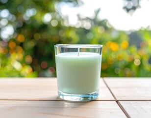 Mint candle sits on wood with a bokeh green background