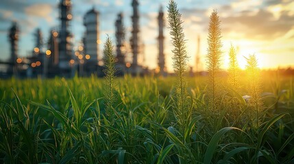 A stark contrast of nature's resilience and industry's intrusion was evident as verdant green plants, symbols of ecological balance, struggled to thrive amidst the towering silhouette of an 