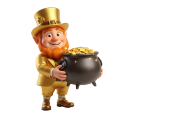 Leprechaun in gold suit and hat holding a black pot of gold coins with a happy expression on its face clean white background cutout
