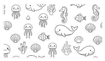 Simple cute ocean animal doodle seamless pattern vector for kids and nursery design © Songkari