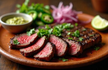 Juicy grilled arrachera steak sliced and served on a plate. Accompanied by roasted onions, jalapenos, guacamole, and a lime wedge. Garnished with fresh parsley for a flavorful meal.