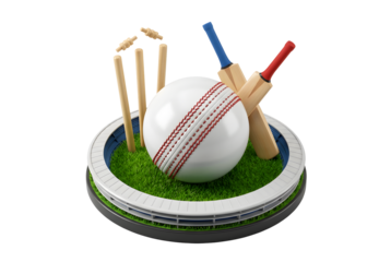 Cricket bat crossed over on a green surface cricket ground on white and transparent background