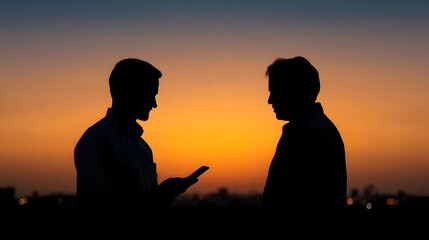 Obraz premium Two silhouetted men exchange information via a mobile phone against a vivid sunset sky representing modern digital communication