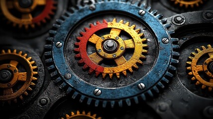 A symphony of gears, in vibrant hues of red, blue, and yellow, adorned a dark backdrop, hinting at the intricate workings of a hidden mechanism 