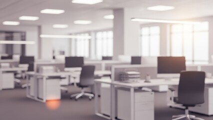 Blurred modern open-plan office interior with bright windows and sleek workstations awaiting daily
