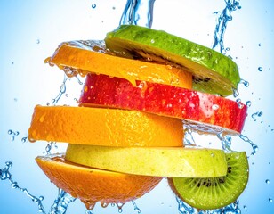 Sliced fruit stacked, water splashing; vibrant freshness