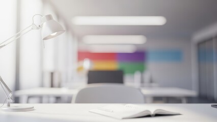 Fototapeta premium Minimalist white desk with bright lamp and open notebook, inspiring focus in a modern vibrant