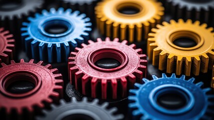 A symphony of gears, in vibrant hues of red, blue, and yellow, adorned a dark backdrop, hinting at the intricate workings of a hidden mechanism 