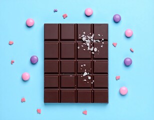 Square dark chocolate bar with salt, candies on blue