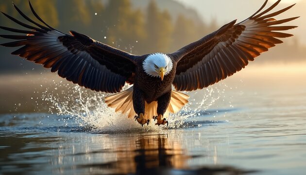 Bald eagle takes off from water splashing spray, its powerful wings spread wide. The majestic bird glides above the lake, its sharp eyes focused, with trees in soft background.