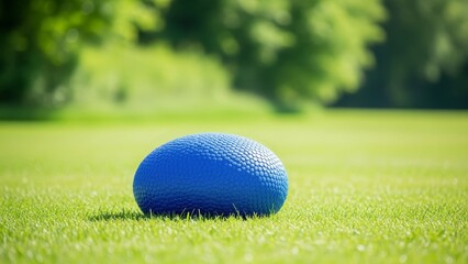 Vibrant blue textured fitness ball resting peacefully on lush green grass field under the clear sky
