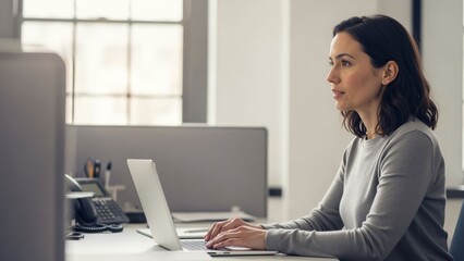Dedicated professional diligently engaging with her laptop in a contemporary office environment