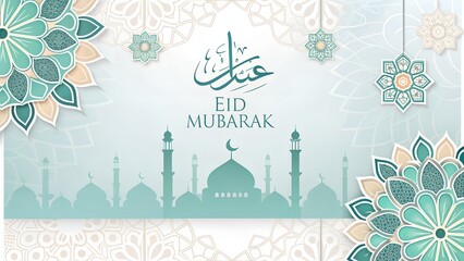 Elegant Eid Mubarak Greeting Card with Mosque Silhouettes and Islamic Ornaments, Festive Design, Spiritual Celebration, AI Generated