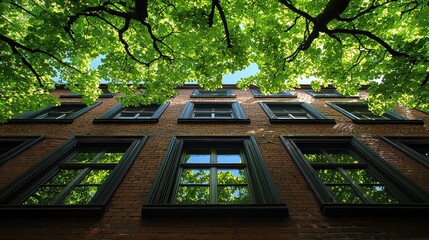 A towering industrial factory, its brick exterior stained with the hues of rust and grime, stood silhouetted against a canvas of vibrant green trees and a cerulean sky, a stark testament to 