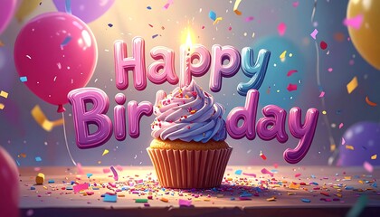 Whimsical image showcasing a frosted cupcake with a lit candle, surrounded by colorful balloons, confetti, and the words "Happy Birthday