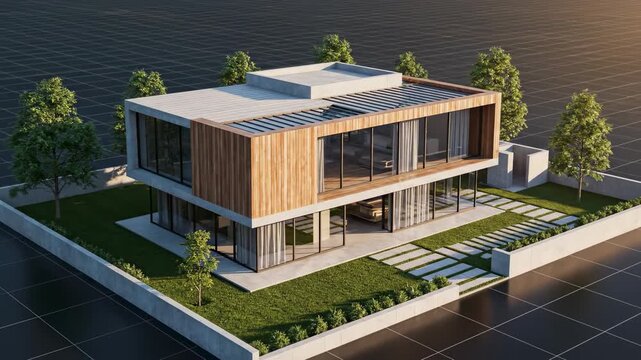 Stunning architectural visualization where an isometric structure transitions seamlessly from a glowing wireframe blueprint to a fully rendered finished house abstract, real estate, rendering