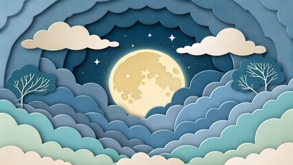 Dreamy Paper Cut Night Sky with Moon and Clouds, Creative Illustration, Celestial Scene, Whimsical Design, AI Generated