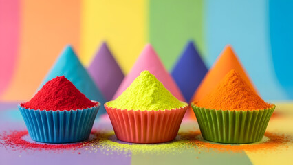 Vibrant colorful powder puffs in paper cups on rainbow background for festive celebration