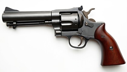 Classic black revolver with wooden grip rests on a white background. This firearm features a long barrel and a cylinder. It is a powerful sidearm for defense or sport shooting.