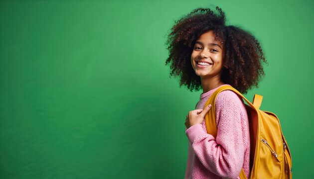 Young african girl with curly hair wears pink sweater and yellow backpack. She smiles looking at camera against green background. Ready for school or travel.
