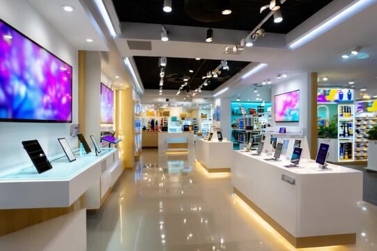 Tech Retail Paradise: A vibrant interior of a modern tech retail store with sleek displays, showcasing the latest gadgets and devices, all under the soft glow of stylish lighting.