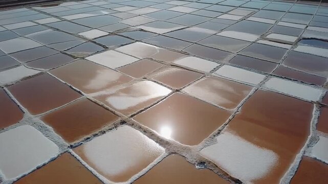 Salt evaporation ponds with sun reflection