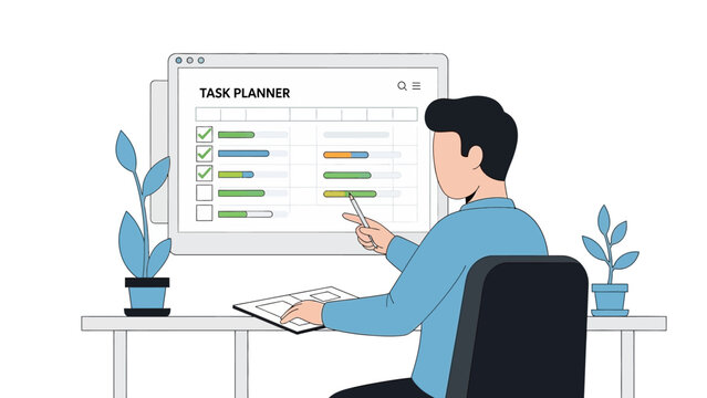 Focused Office Task Planning Scene with Monitor and Plants.