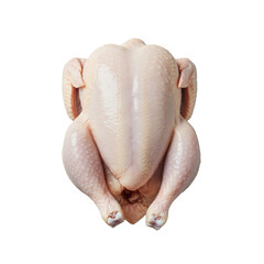 Naklejka premium A raw, whole, uncooked fresh chicken with pristine, pale pinkish-white skin, centrally positioned on a seamless transparent background. Concept for food advertising