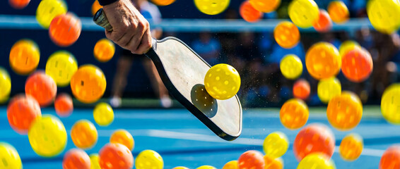 Hitting a ball with a racket, a poster advertising a pickleball game, close-up of a sports advertisement