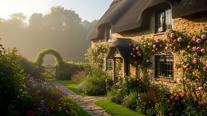 Naklejka premium A Sun-Dappled Haven: The Thatched English Cottage Nestled Among Vibrant Hydrangeas, Delphiniums, and Trailing Roses, Inviting Tranquility