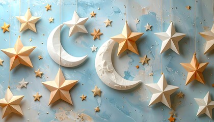 Whimsical scene with paper-crafted celestial shapes, including stars and crescent moons, against a textured, light-blue backdrop