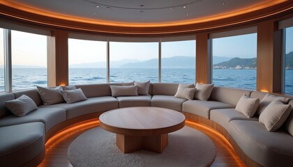 Modern yacht interior features curved sofa and round table with ocean view. Warm lighting highlights luxurious seating area. Calm sea and distant hills seen through large windows.