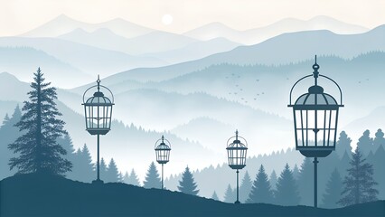 Misty Mountain Landscape with Decorative Lanterns, Serene Nature Scene, Atmospheric View, Scenic Outdoor Decor, AI Generated