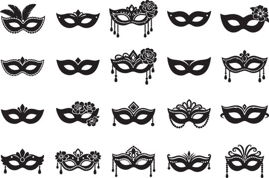 Mardi Gras carnival masquerade mask set black silhouette vector collection