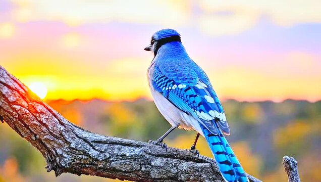 Vibrant blue jay perched on tree branch at sunset