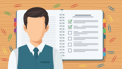 Professional Presenter with Checklist and Notebook on Desk.