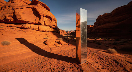 Mysterious Monolith Stands Tall in a Vast Red Desert Landscape