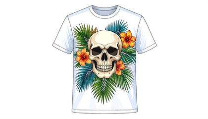 White t-shirt displays a skull flanked by tropical foliage and vibrant orange hibiscus flowers, creating a visually striking design