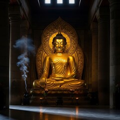 Fototapeta premium Golden Buddha Statue in Meditation - Serene Enlightenment and Spiritual Symbolism.