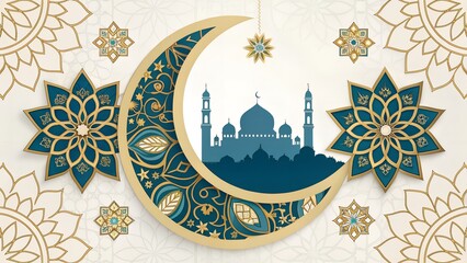 Elegant Islamic Crescent Moon and Mosque Celebration, Spiritual Festivity, Sacred Architecture, Islamic Tradition, AI Generated