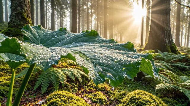 Stunning cinematic wide shot of a giant glistening plant leaf covered in morning dew in a misty, atmospheric temperate forest setting environment, travel, tranquility