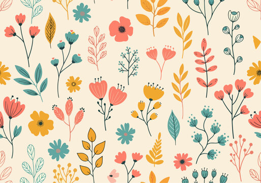 Hand painted brush strokes forming loose florals as a maximalist botanical pattern in colors of off white, peach and green on red. Seamless vector pattern. Great for home decor, fabric, wallpaper, etc