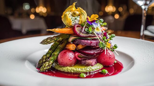 Gourmet dish presentation on white plate with colorful vegetables and herbs