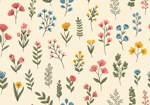 Seamless floral pattern, liberty ditsy print in cute girly style. Delicate botanical fabric, textile design of small hand drawn flowers, tiny leaves, simple pastel bouquets. Vector illustration.