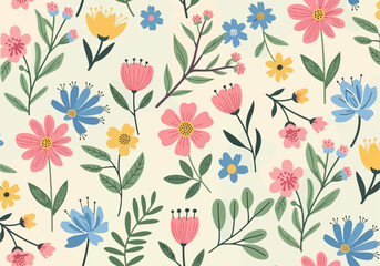 Seamless floral pattern with orange and yellow flowers, green leaves, and vintage botanical design on light background, perfect for textile, wallpaper, wrapping paper, packaging, and home decor.