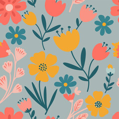 Seamless floral pattern with delicate pink, yellow and orange flowers on a white background. Romantic floral print, botanical composition with large flower