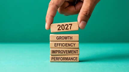 A hand carefully places a block labeled 2027 onto a stack symbolizing growth efficiency improvement and performance for the future