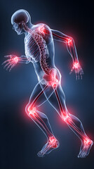 Human Skeleton with Highlighted Joint Pain and Inflammation