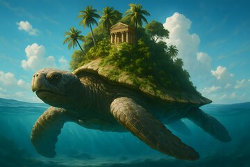 Mythic Sea Turtle Carrying Tropical Island and Ancient Temple in Turquoise Ocean